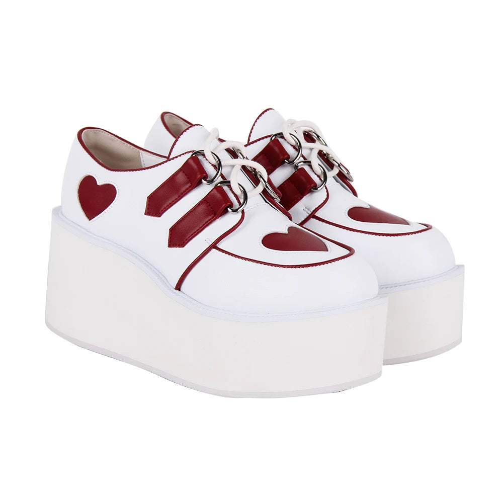 Women’s Punk Rock Chunky Platform Shoes - White with Red Heart Accents and Lace-Up Detail