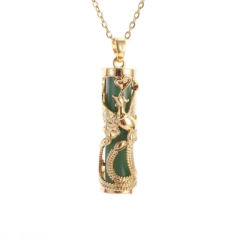 Classic Retro Gold Inlaid Imitation Jade Dragon Phoenix Gilt Necklace Pendant - Craftsmanship Jewelry for Men, Women, and Couples