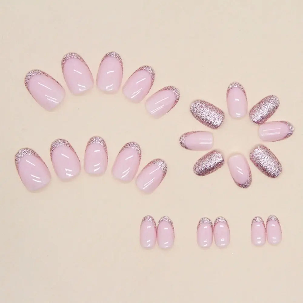 24Pcs Almond Glitter False Nails – Short Full-Finished Round Fake Nails, French Style Full Cover Press-on Nail Tips for Women