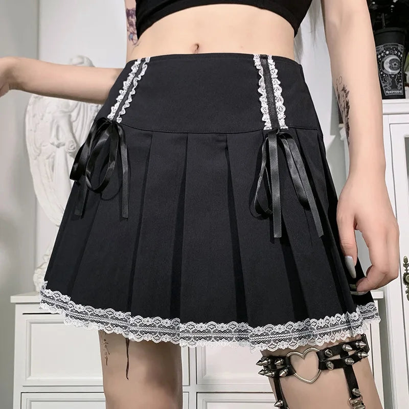 FICHOR Mall Goth Lace Ruffle Mini Skirt | Harajuku Fairy Grunge Pink Plaid Pleated Skirt