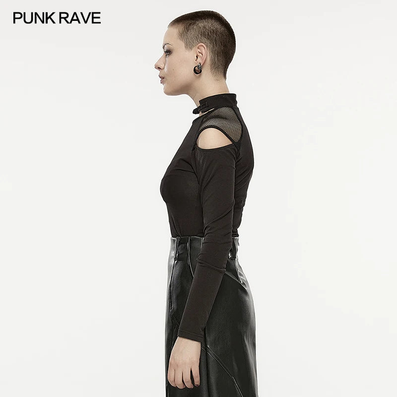 PUNK RAVE Women's Chinese Style Long-Sleeve T-Shirt - Punk Hollow Out with Modified Button Collar