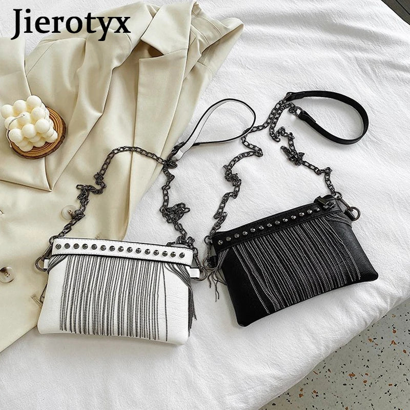 JIEROTYX Women's Crossbody Bags – Small Tassel Rivet Shoulder Bag with Chain Strap, Black & White Handbag