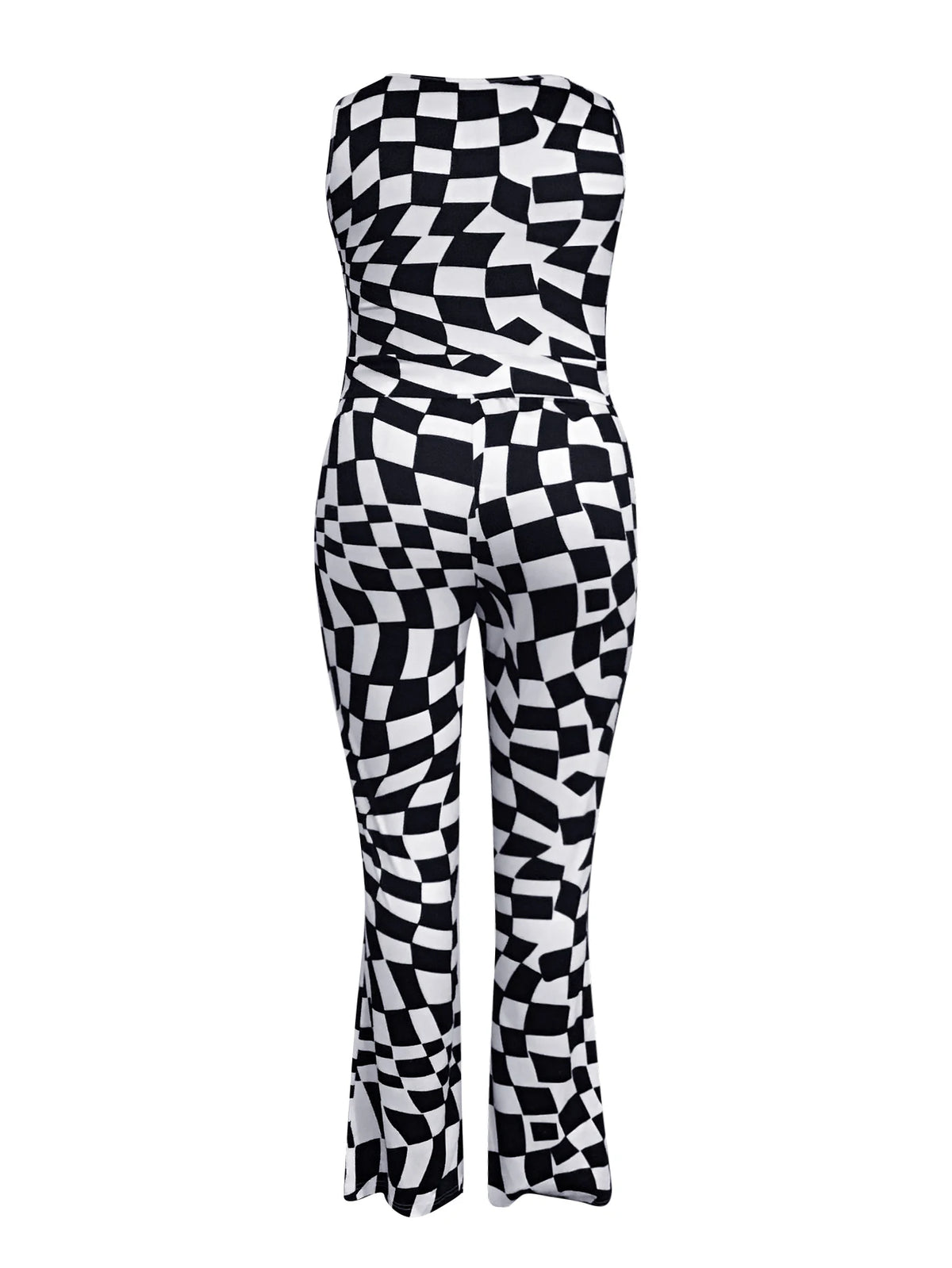 Plus Size Color Contrast Two-piece Casual Checkerboard U Neck Tank Top & Flare Pants Outfit Set for Women