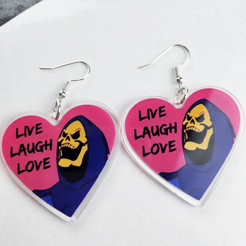 Skeltor He-Man Live Laugh Love Acrylic Earrings - Creative Stay Weird Jewelry, Personalized Charm for Women, Perfect Gift Idea