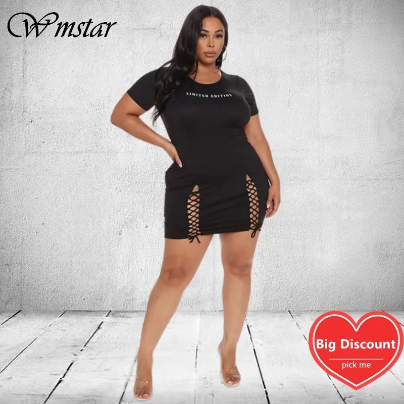 Wmstar Plus Size Black Hollow Out Mini Dress – Sexy Super Stretch Bandage Hem Summer Dress for Women