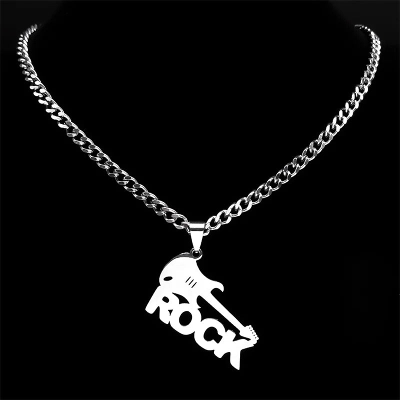 Electric Guitar Rock Hip Hop Necklace – Stainless Steel Musical Band Chain Necklace Jewelry for Men and Women