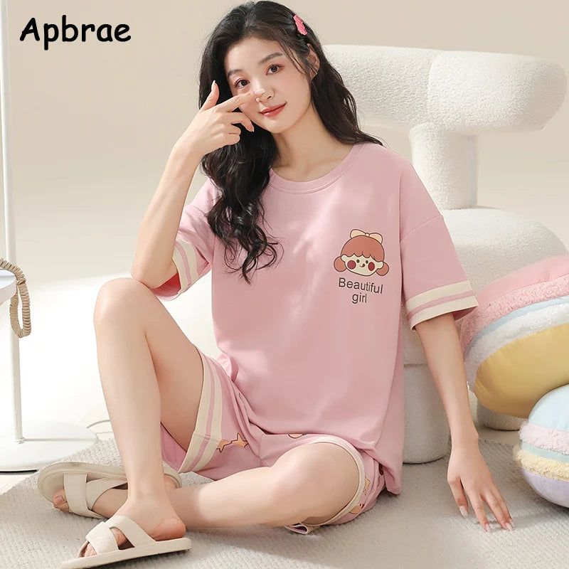 Summer Plaid Shorts Pajama Sets M-5XL Plus Size Cute Rabbit Pint Cotton Pajama Causal Sleepwear Women Pajama O-neck Home Wear