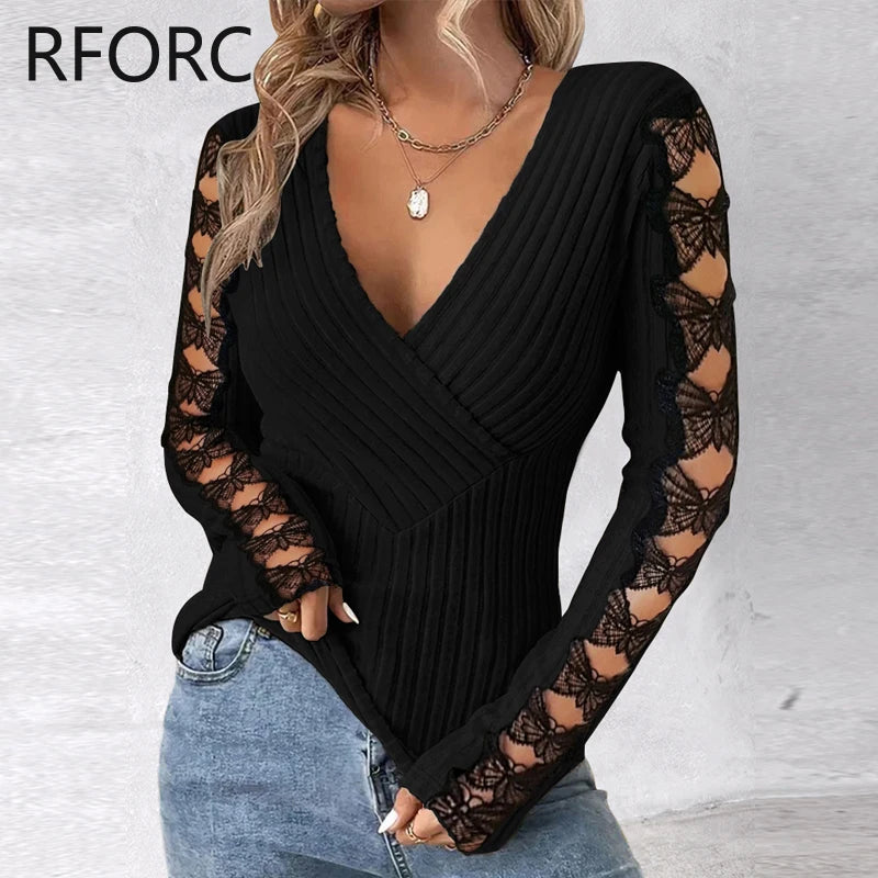 2024 Women’s Deep V-Neck Wrap Top – Black Knit Blouse with Lace Bow and Hollow Out Design