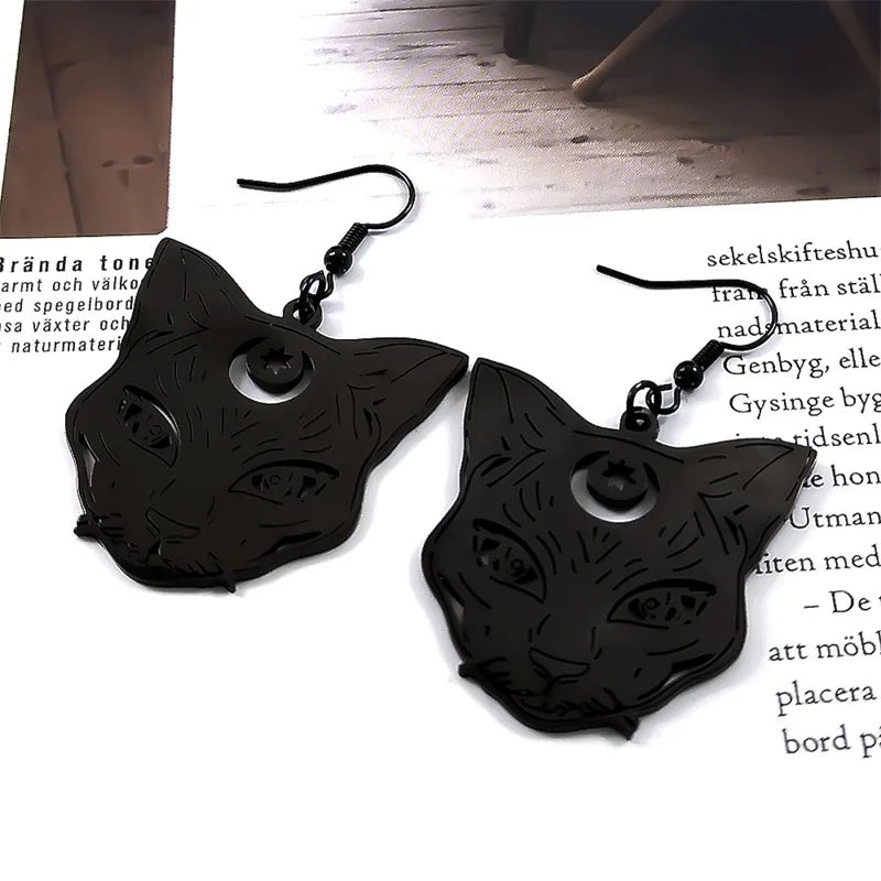 Wicca Goth Witch Cat Dangle Earrings – Stainless Steel Drop Earrings for Women, Witchcraft Kitten Gothic Jewelry