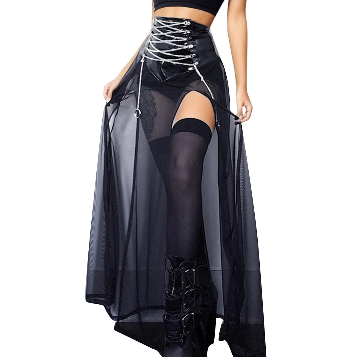 Women Fashion Gothic Long Skirt Mesh See-Through Cross Chain Strappy Skirt Dark Style Side High Slit Skirt Faux Leather Skirt