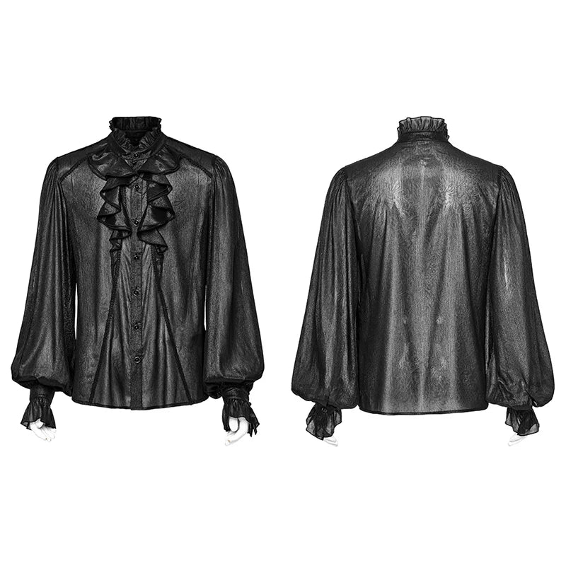 PUNK RAVE Men's Gothic Dark Print Sparkling Pleated Chiffon Gentleman Shirt Gorgeous Party Club Tops Designer Clothes Men