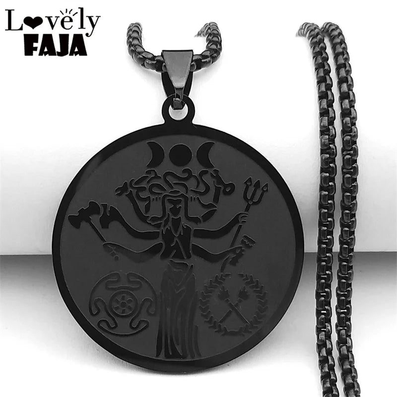 Wicca Triple Moon Goddness Hekate Wheel Torch Pendant Necklace For Women Men Stainless Steel Dark Style Snake Trident Jewelry