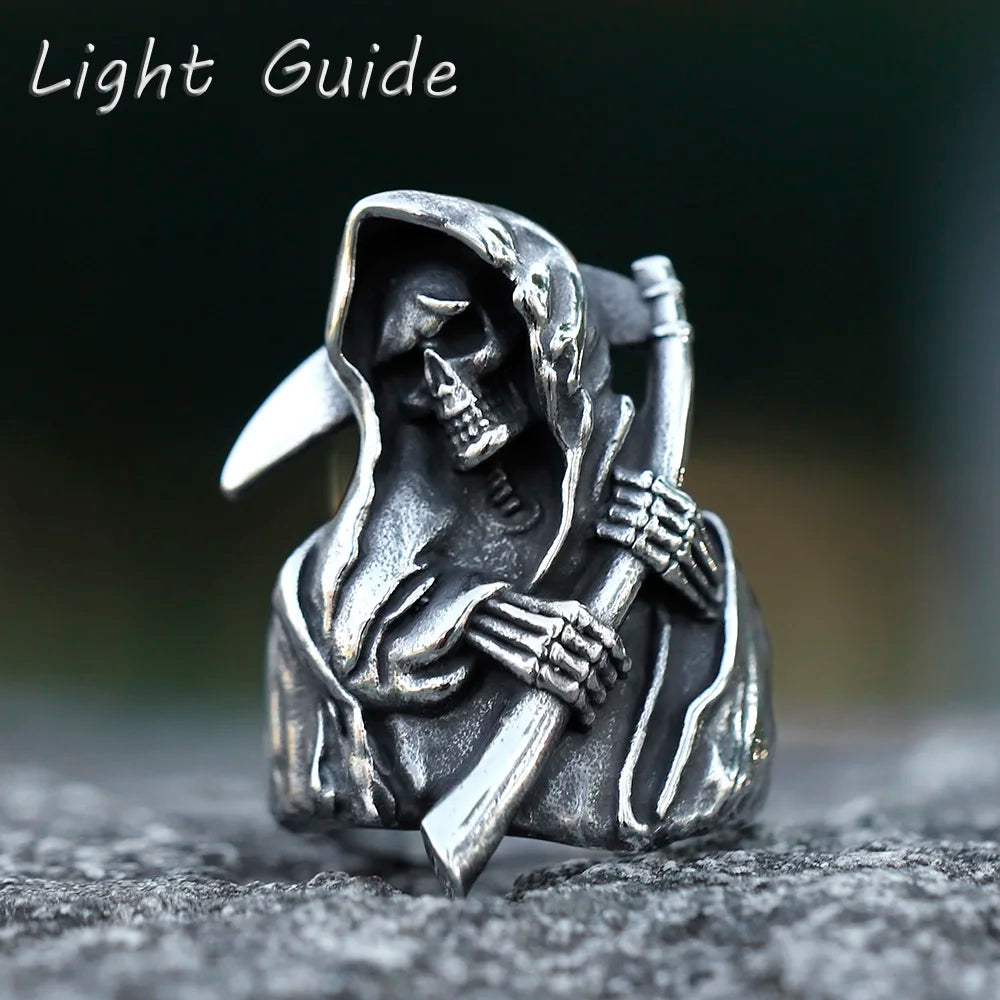 Men's 316L stainless steel Sickle Calvarium Skull ring Gothic Biker PUNK Motorcycle Band Jewelry