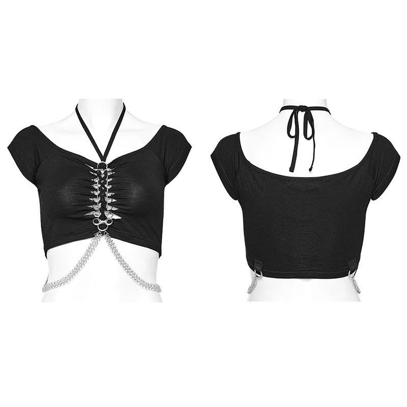 PUNK RAVE Women's Punk T-Shirt - Black Gothic Short Top with Front Metal Rings, Sexy and Stylish for Summer