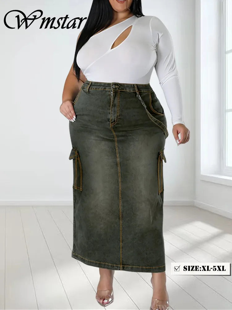 Wmstar Plus Size Only Skirts Women's Clothing Denim Maxi Pockets Sexy Medium Stretch Long New Skirt Wholesale Dropshipping 2024