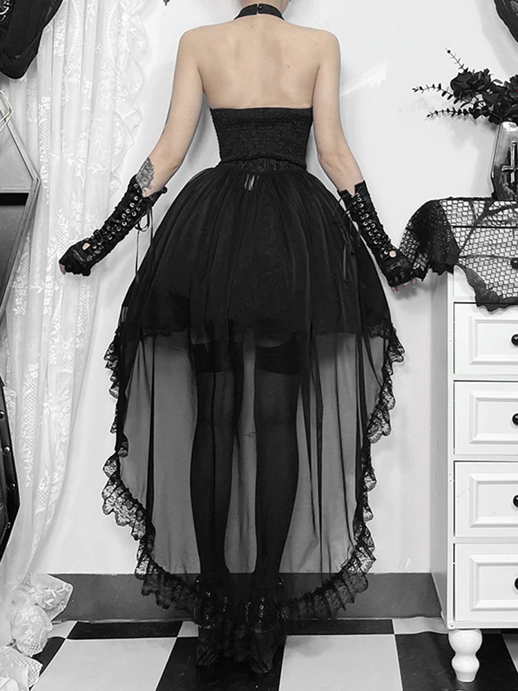 InsGoth Mesh Lace Trailing Decorative Skirt Women’s Emo Goth Punk Halter Victorian Dress