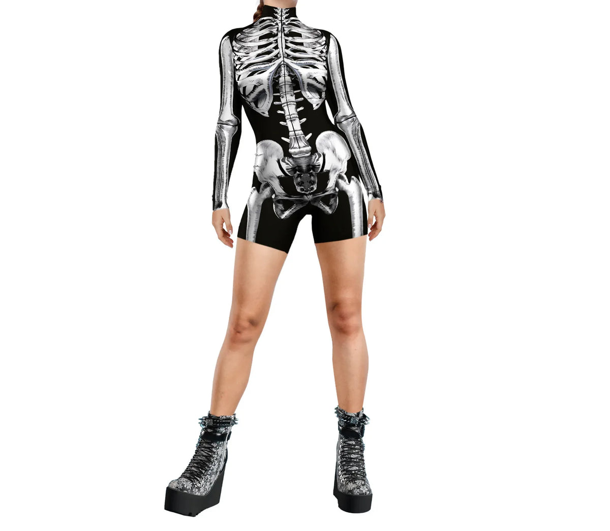 NEW Women Skeleton Black White Shorts Jumpsuit Funny Bodysuit Stretch Skinny One Piece Outfit Onesie Catsuit Halloween Cosplay