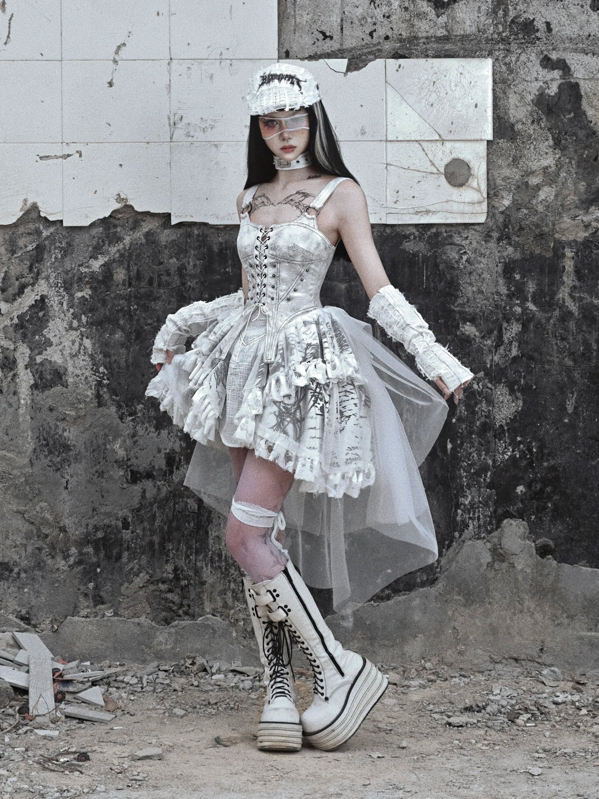 Blood Supply Original Madhouse Vintage Dress – Suede Strap, Punk Niche Trailing Print, Gothic Light Lolita White Dress