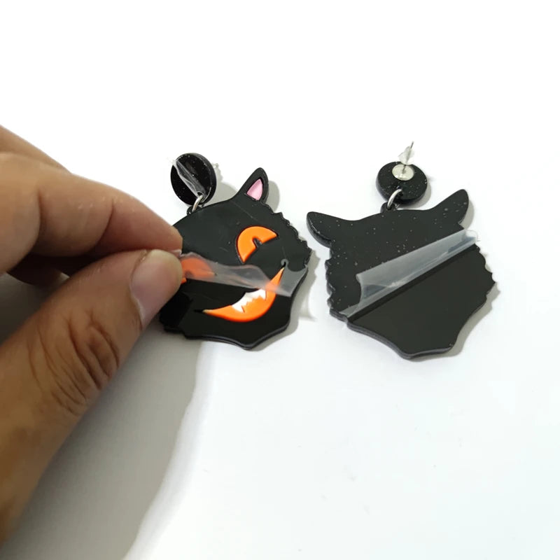 KUGUYS Halloween Black Cat Drop Earrings for Women Jewelry Trendy Acrylic Accessories