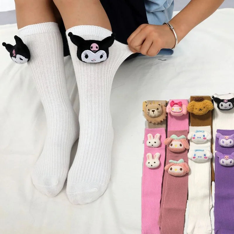 Cute Girls' JK College Style Lolita Knee-High Socks – Anime Kuromi, Melody, Cinnamoroll Designs