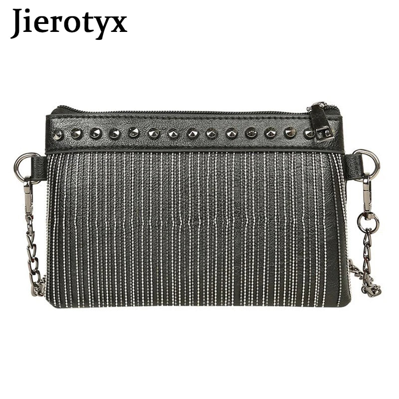 JIEROTYX Women's Crossbody Bags – Small Tassel Rivet Shoulder Bag with Chain Strap, Black & White Handbag