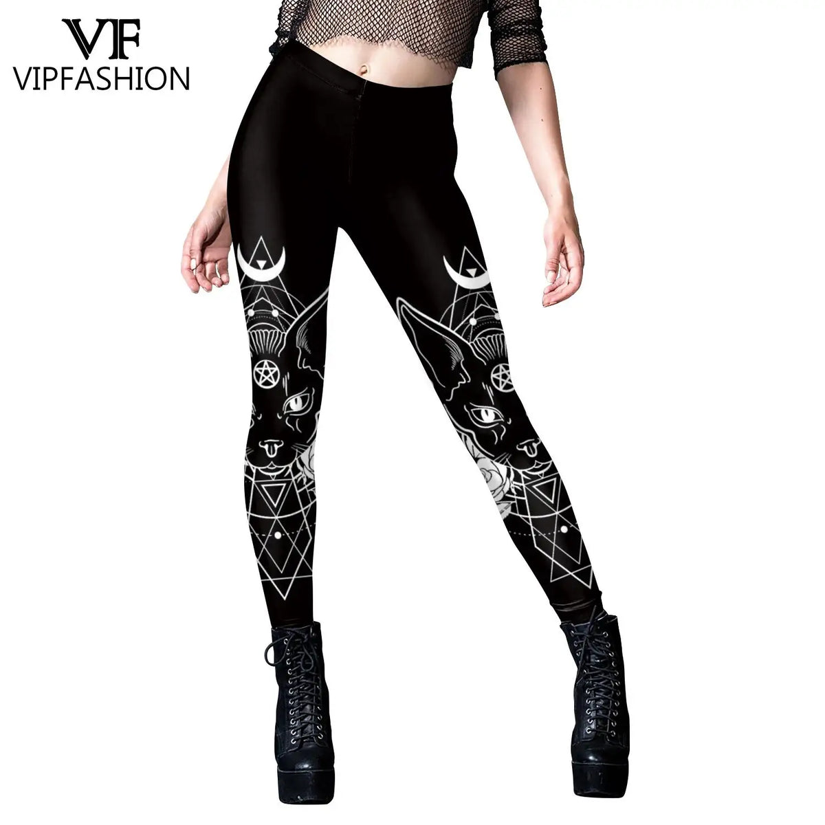 VIP FASHION Women's Gothic Leggings - Sexy Steampunk Print Vintage Skinny Ankle-Length Pants