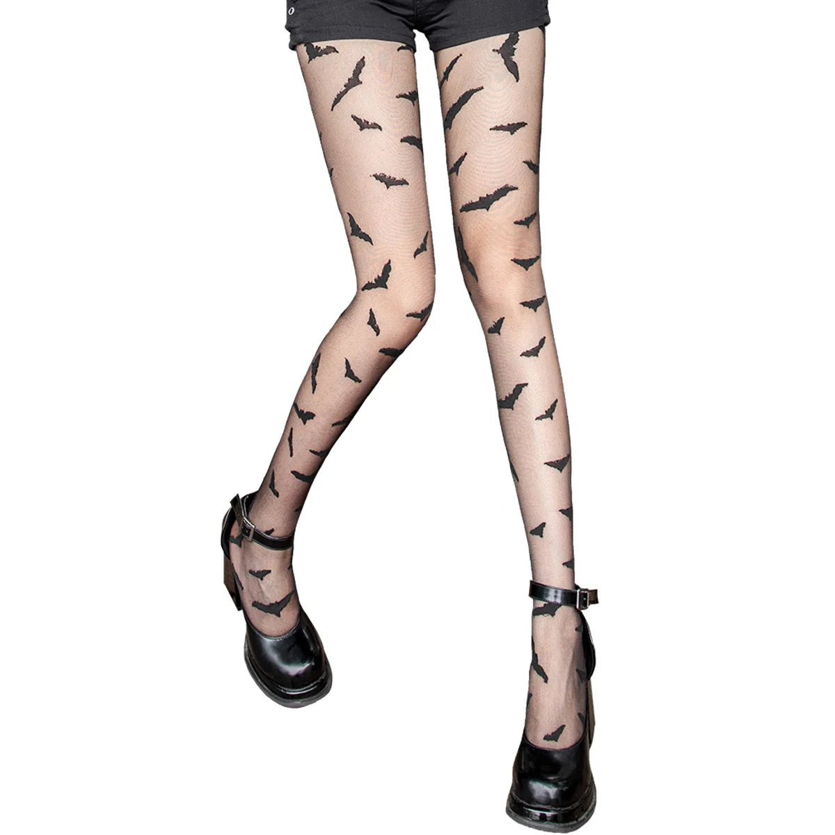 Women’s Bat Pattern Tights – Punk Black & White Transparent Stockings, Thin Lingerie-Inspired Hosiery