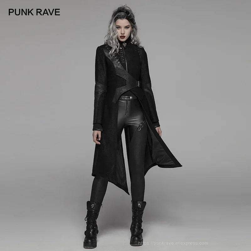 PUNK RAVE Women's Punk Black Long Jacket - Asymmetric Stand Collar Coat for Goth, Party, Club, and Stage Performance in Winter