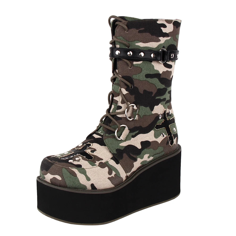 Fashion Women motorcycle camouflage boots lady Punk Cool Boots woman high trifle heel pumps platform shoes 10cm plus size 33-47