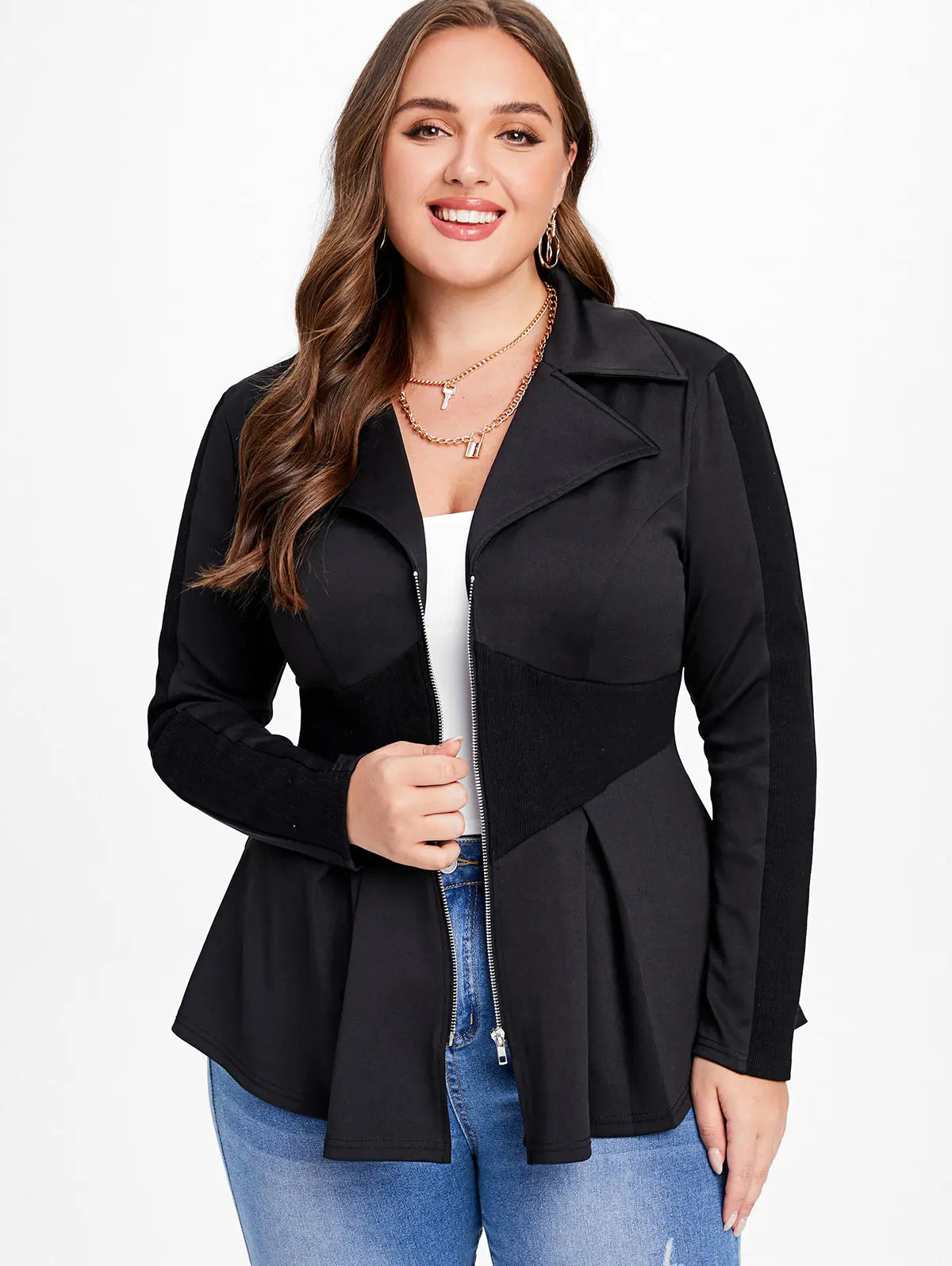 ROSEGAL Plus Size Women's Black Jacket - Fashion Ribbed Panel, Zipper Turn-Down Collar Coat, Casual Outerwear Top