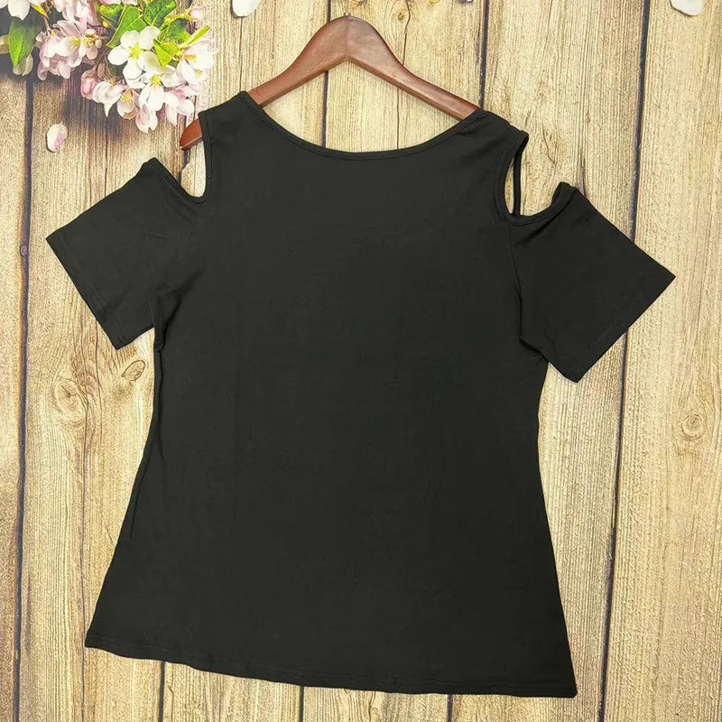 2024 New Off-Shoulder Rhinestone T-Shirt - Women's Plus Size Short Sleeve Top