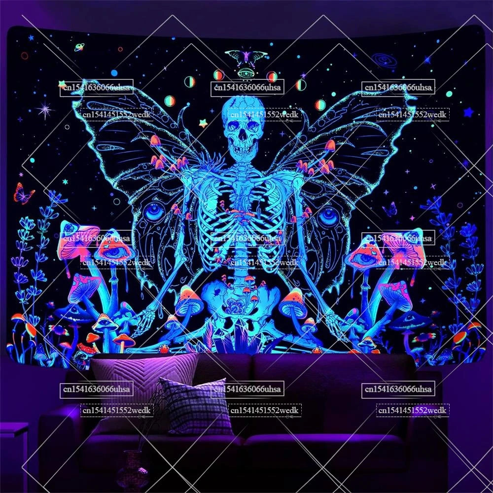 Blacklight Skull Tapestry - Aesthetic UV Reactive Butterfly and Mushroom Neon Skeleton Moth Posters