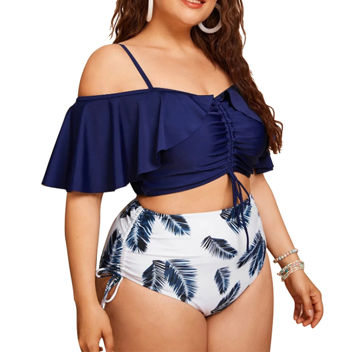 Women's Short Sleeve Ruffle Front Drawstring Top Plus Floral Print Panty Swimsuit | Sexy Female Bathing Suit