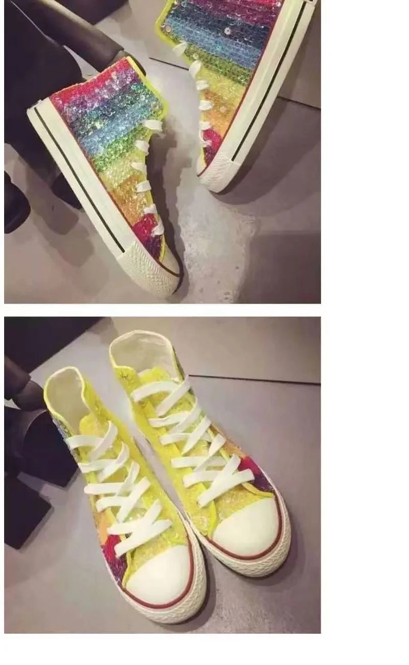 Women's Bling Glitter High Top Sneakers – Casual, Comfortable, Non-Slip with Rainbow Sequins, Trendy Brand Flats