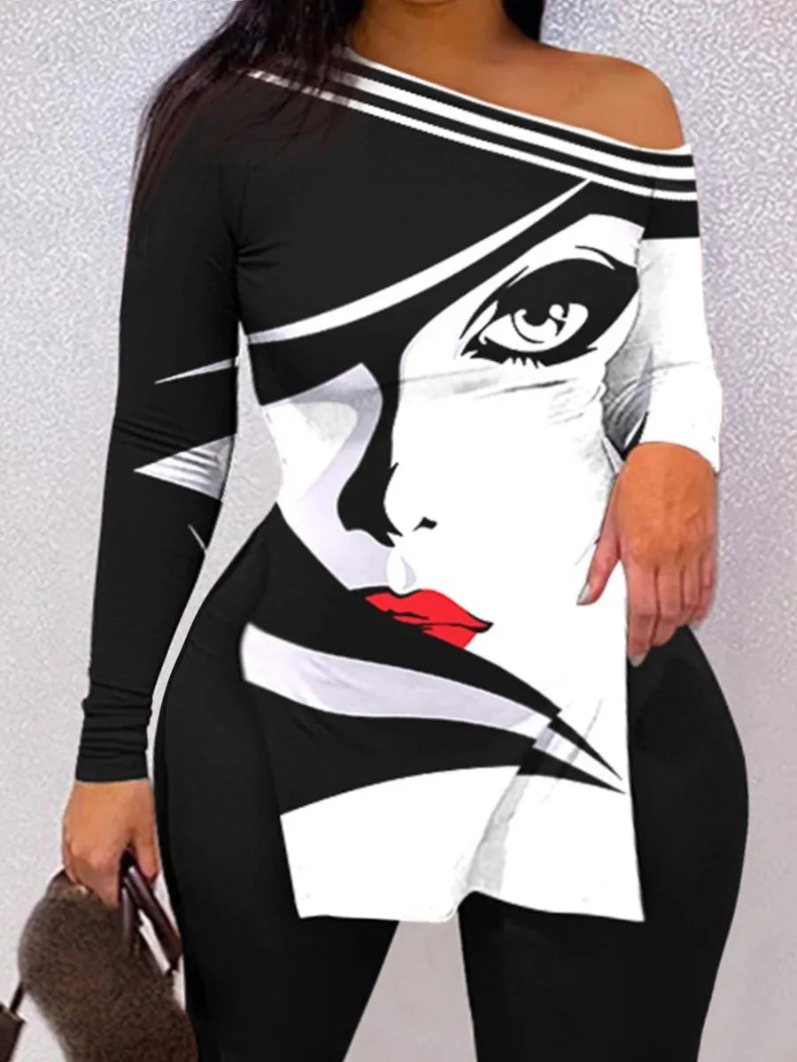 LW Plus Size Two-Piece Set – Figure Print Striped Split Pants with One-Shoulder Long Sleeve Top, Sexy Women’s Streetwear Suit