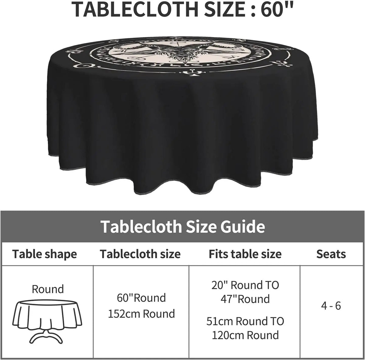 Satanic Black Goat and Pentagram Tablecloth - 60 Inch Washable Polyester, Water Resistant, Spill Proof