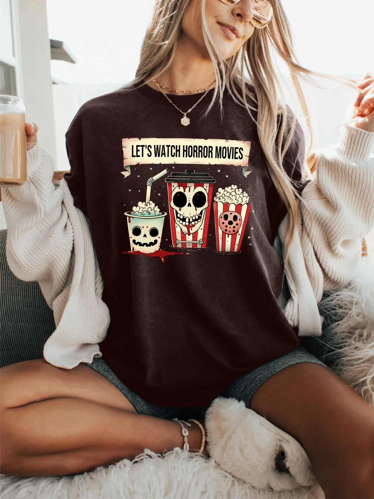 Horror Movie Night Popcorn Skull Print T-Shirt | Short Sleeve Crew Neck Casual Top | Women’s Summer & Spring Clothing