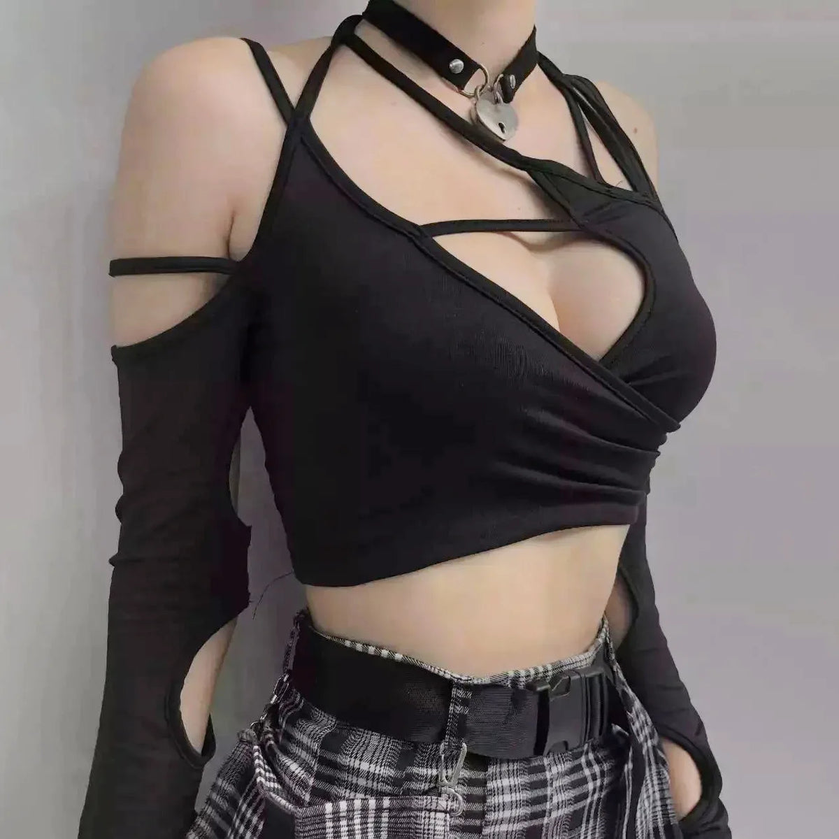 Summer Y2K Gothic Patchwork Halter Top E-Girl Punk Crop Top Sexy Cut-Out Casual Tee