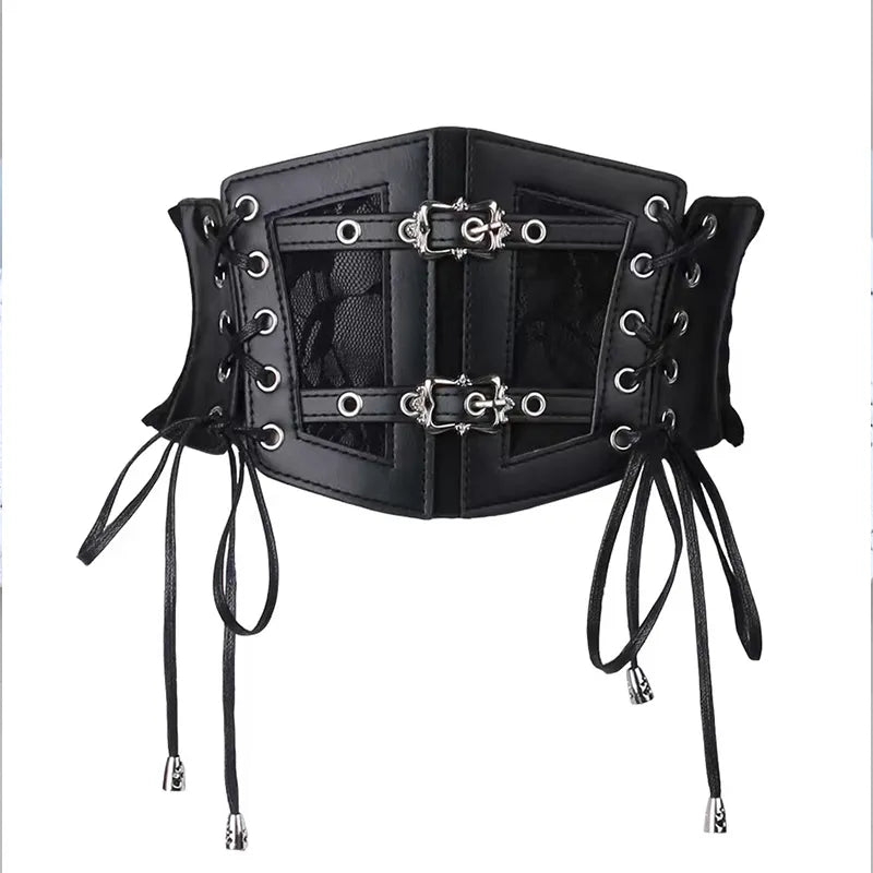 Black Vintage Metal Waist Closure with Lace Straps and Leather Detail