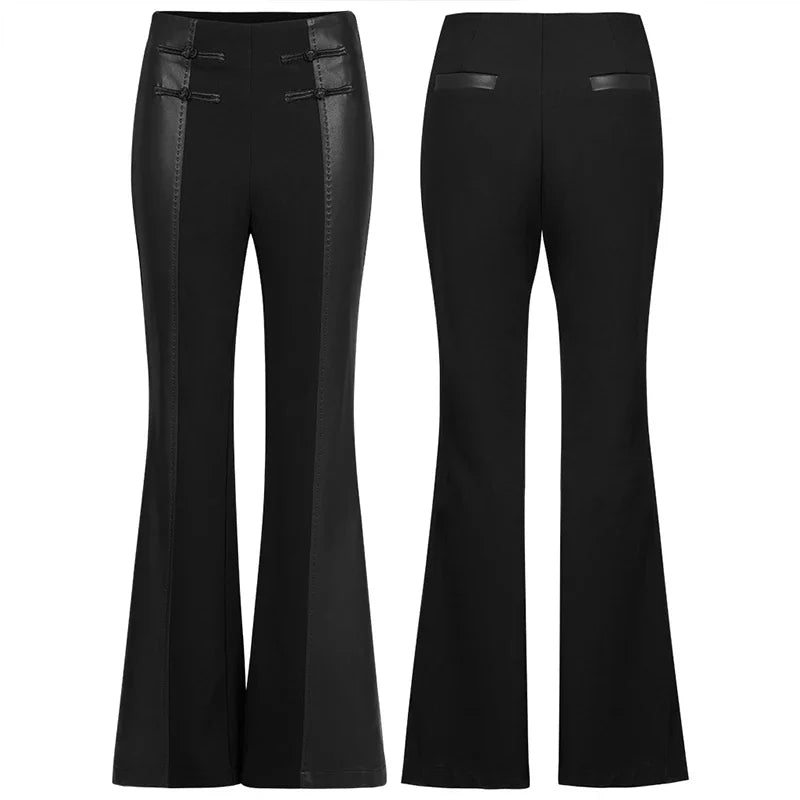 PUNK RAVE Women's Chinese Style High-Waist Flared Pants - PU Spliced Elastic Knitted Trousers for Spring/Autumn, Fashionable and Unique