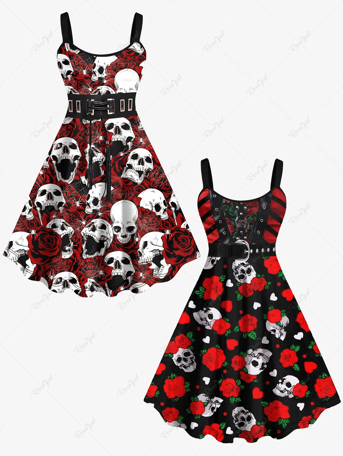 New Plus Size Women's Halloween Tank Dress - Skulls, Roses, Spiders, Rivets, Lace-Up, 3D Printed, Backless Suspenders Design