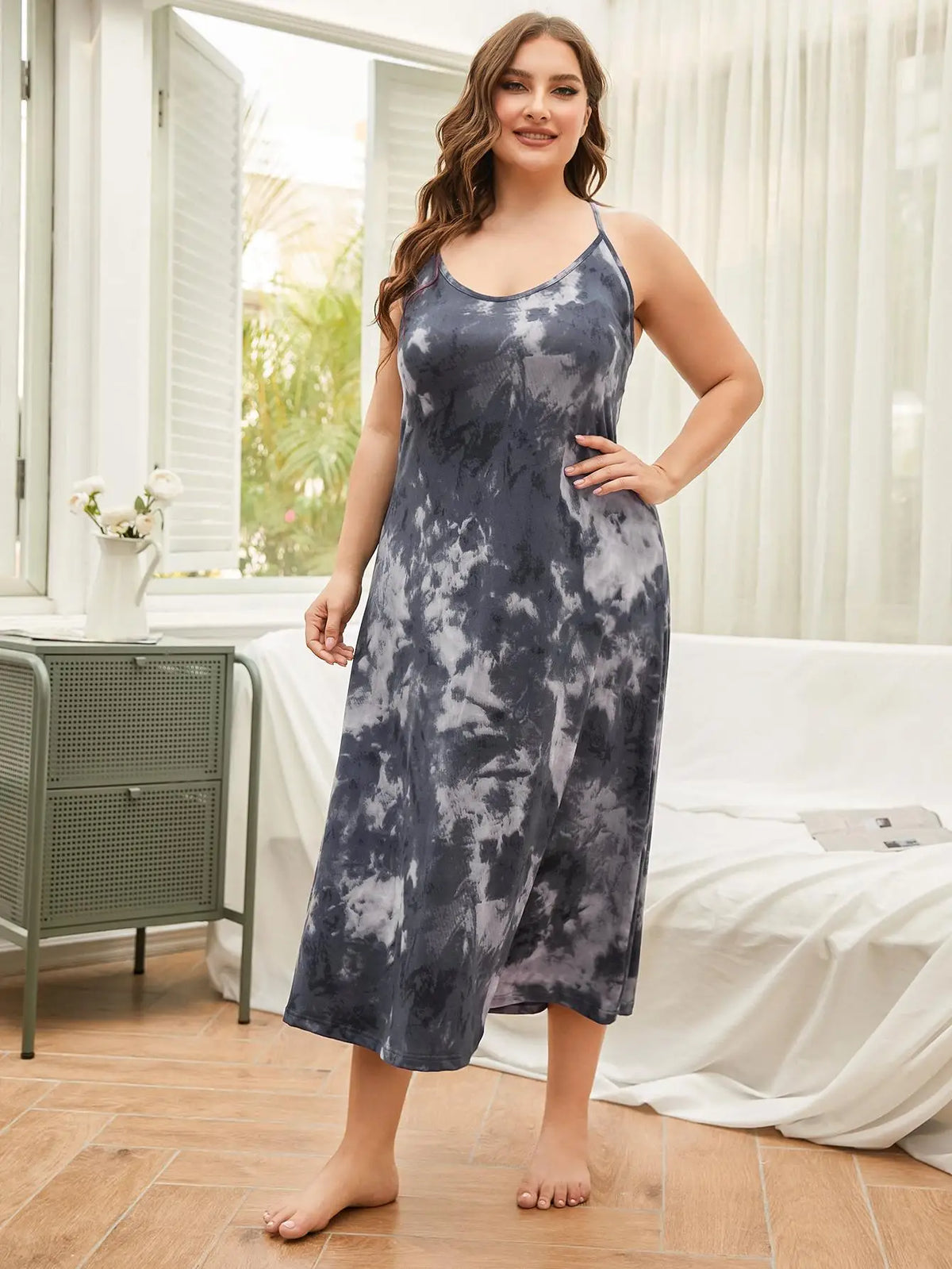 Sleeveless Round Neck Women’s Plus Size Tie Dye Nightgown - Summer Cross Back Sleepdress, Leisure Homewear