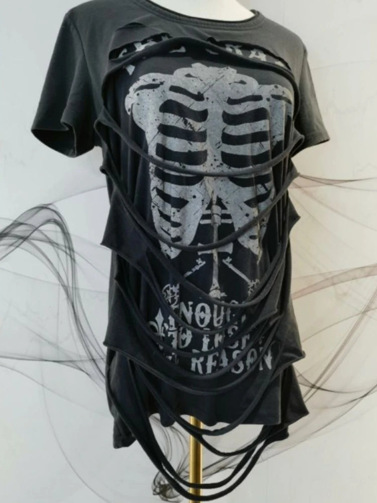 2024 Women’s Fake Two-Piece T-Shirt – Gothic Harajuku Grunge Y2K Streetwear Top, Vintage Black Skull Ripped Hollow Tee