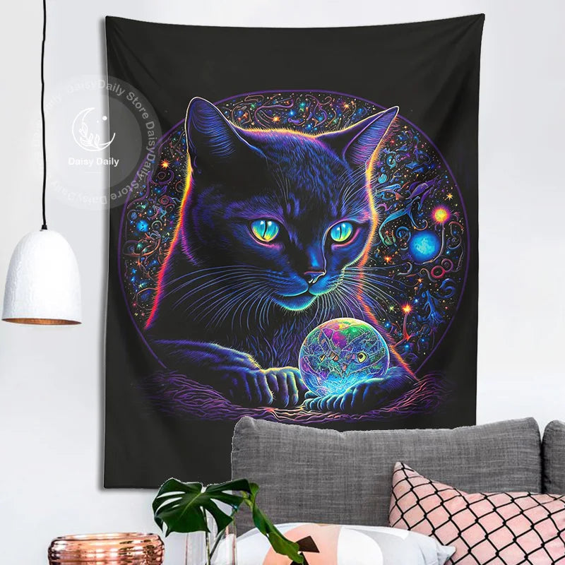 Blacklight Cat Tapestry | Trippy Magic Black Cat Crystal Ball Boho Art Decor | Living Room Wall Art