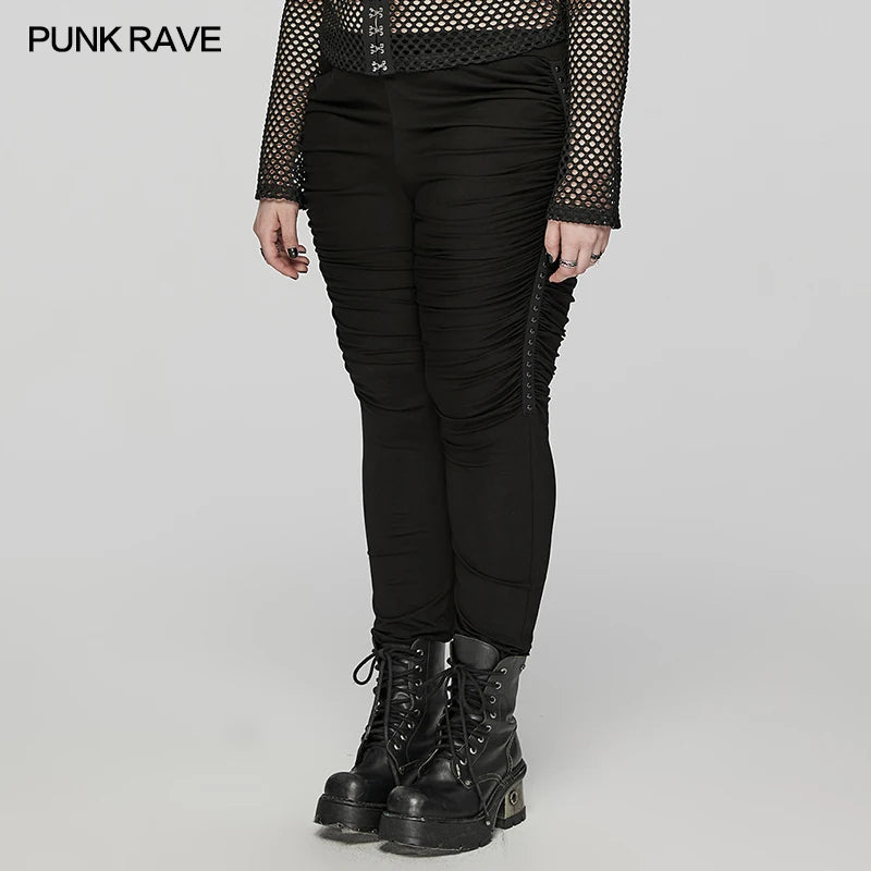 PUNK RAVE Women's Punk Style Knitted Pants - Pleated Thighs, Cool and Personality Leggings for Spring/Autumn Streetwear