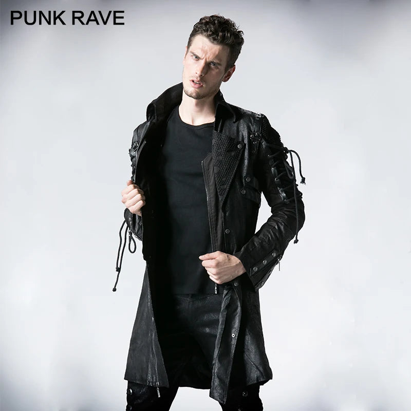 PUNK RAVE Punk Military Jacket - Western PU Leather with Slit, Unisex Gothic Retro Style Long Coat for Autumn/Winter