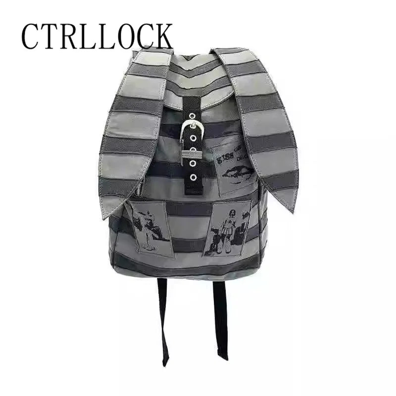 CTRLLOCK Y2K Harajuku Rabbit Ear Backpack - Punk Rock Subculture Stripe Spliced Patchwork Printed Bag