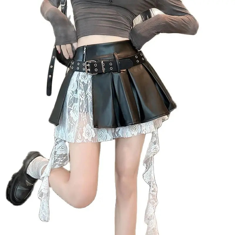 Women's Black Gothic A-line Leather Mini Skirt - Y2K Aesthetic Emo Pleated Vintage Harajuku Korean Style Summer 2000s Fashion