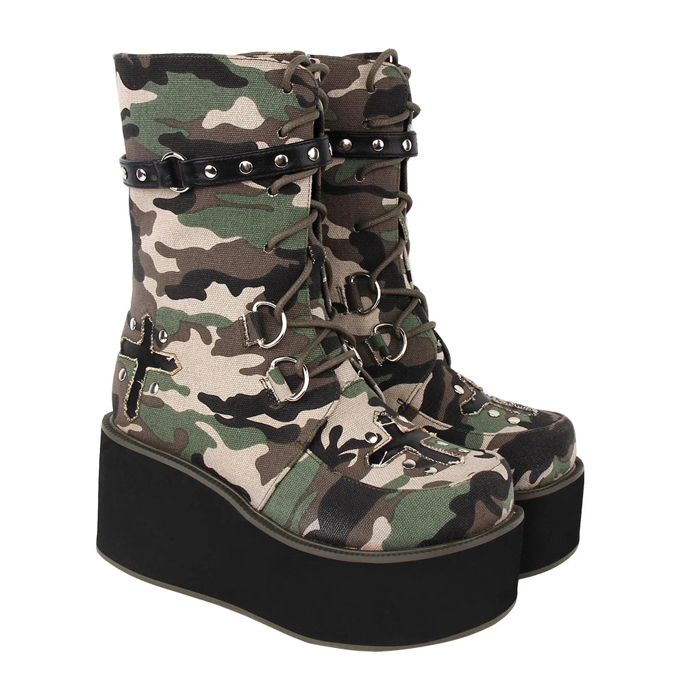 Fashion Women motorcycle camouflage boots lady Punk Cool Boots woman high trifle heel pumps platform shoes 10cm plus size 33-47