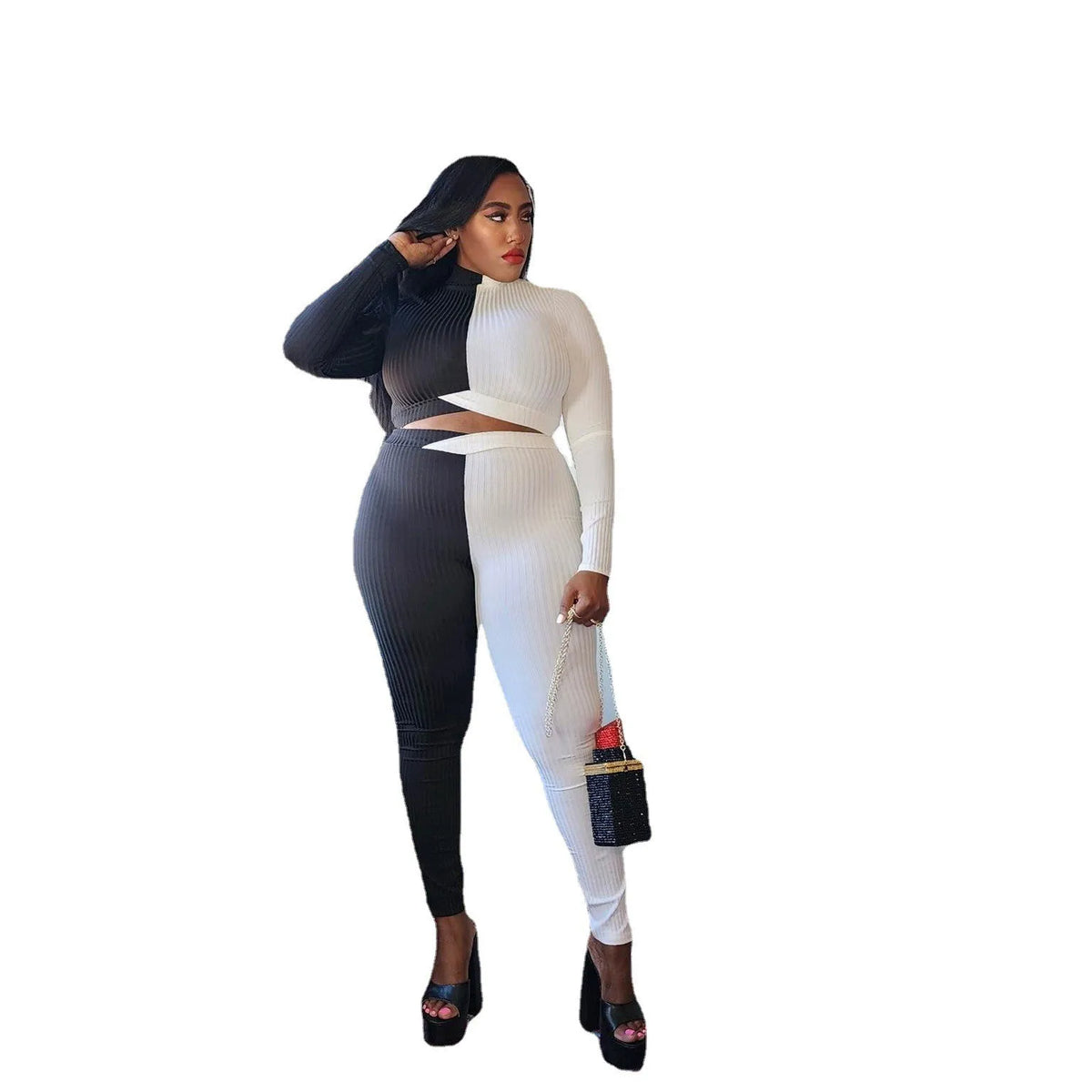 SOMO Plus Size Women’s Casual Contrast Color Block Ribbed Outfits Crop Top Two Piece Pants Set